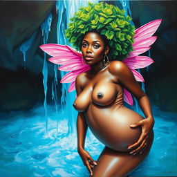 A polished oil-based painting capturing a full worm-eye view of a dripping wet, nude gorgeous black woman with captivating features