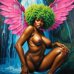 A polished oil-based painting capturing a full worm-eye view of a dripping wet, nude gorgeous black woman with captivating features