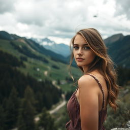 A close-up of a girl standing in a mountainous landscape with ski lifts in the background