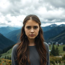 A close-up of a girl standing in a mountainous landscape with ski lifts in the background