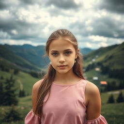 A close-up of a girl standing in a mountainous landscape with ski lifts in the background