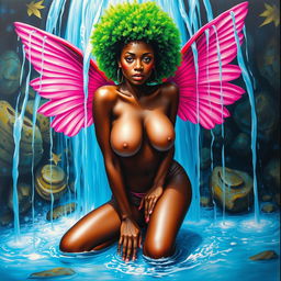 A polished, oil-based painting featuring a full worm-eye view of a dripping wet, nude gorgeous black woman with hot-pink wings and a bright green tree afro