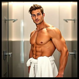 A handsome man with an athletic build standing confidently, with a towel draped around his waist, emphasizing his muscular physique and chiseled features