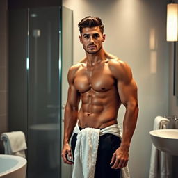 A handsome man with an athletic build standing confidently, with a towel draped around his waist, emphasizing his muscular physique and chiseled features