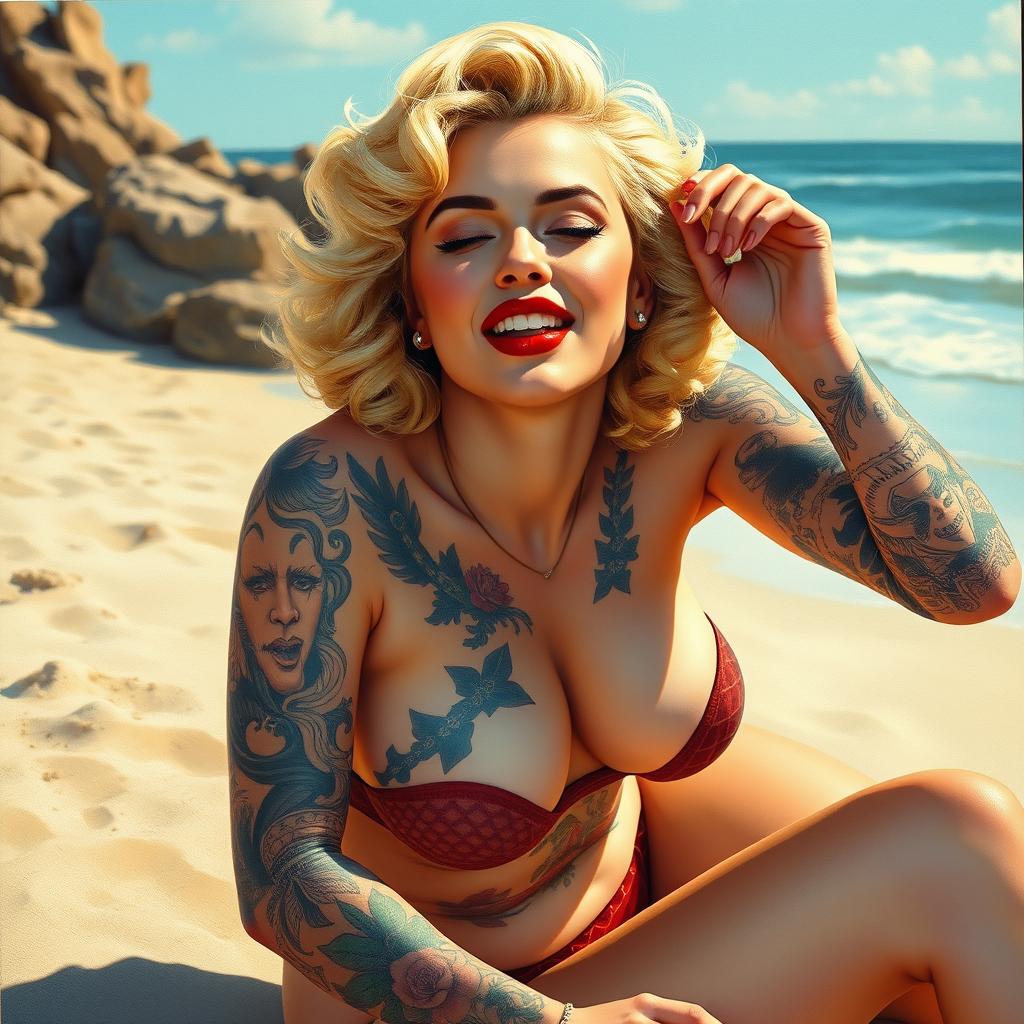 A beautiful pinup painting of Marilyn Monroe with her entire body creatively covered in intricate tattoos and full tattoo sleeves, highlighting her playful and sultry expression as she sits gracefully on the beach