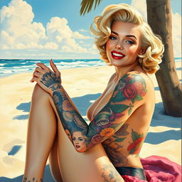 A beautiful pinup painting of Marilyn Monroe with her entire body creatively covered in intricate tattoos and full tattoo sleeves, highlighting her playful and sultry expression as she sits gracefully on the beach