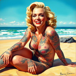 A beautiful pinup painting of Marilyn Monroe with her entire body creatively covered in intricate tattoos and full tattoo sleeves, highlighting her playful and sultry expression as she sits gracefully on the beach