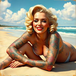 A beautiful pinup painting of Marilyn Monroe with her entire body creatively covered in intricate tattoos and full tattoo sleeves, highlighting her playful and sultry expression as she sits gracefully on the beach