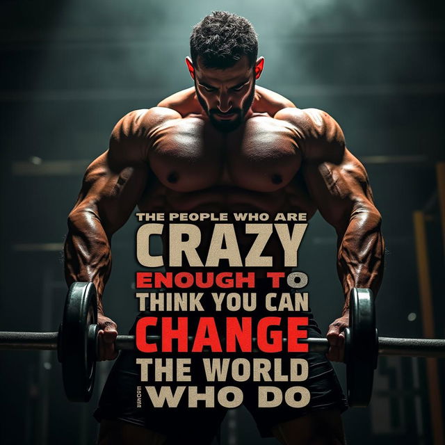 A cinematic bodybuilding motivational poster featuring a towering muscular figure in the center, radiating power and determination