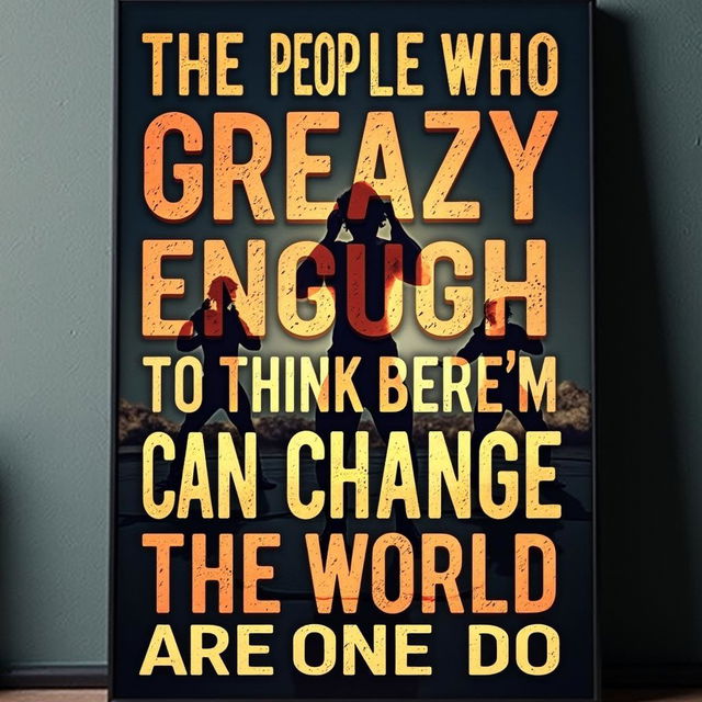 A cinematic bodybuilding motivational poster with powerful typography that takes up the entire image, emphasizing the message: "The people who are crazy enough to think they can change the world are the ones who do