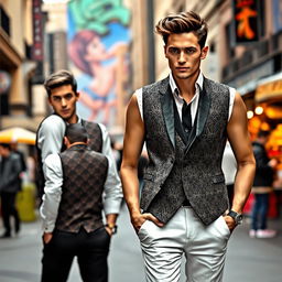 A fashion model wearing a stylish and modern vest