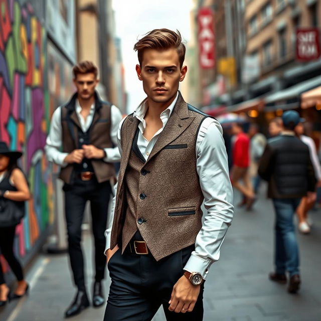 A fashion model wearing a stylish and modern vest