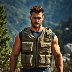 A ruggedly handsome model wearing a tactical vest, set against a backdrop of a rugged outdoor environment, like a dense forest or mountain range