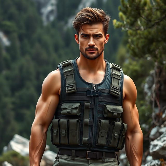 A ruggedly handsome model wearing a tactical vest, set against a backdrop of a rugged outdoor environment, like a dense forest or mountain range