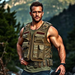 A ruggedly handsome model wearing a tactical vest, set against a backdrop of a rugged outdoor environment, like a dense forest or mountain range