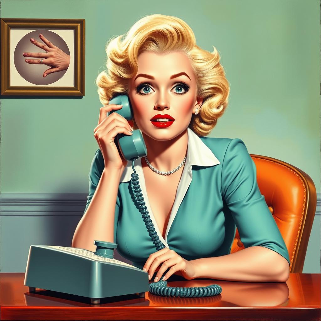 A beautiful pinup painting of Marilyn Monroe sitting at a classic 1960s desk, answering the phone with a cute surprised expression on her face