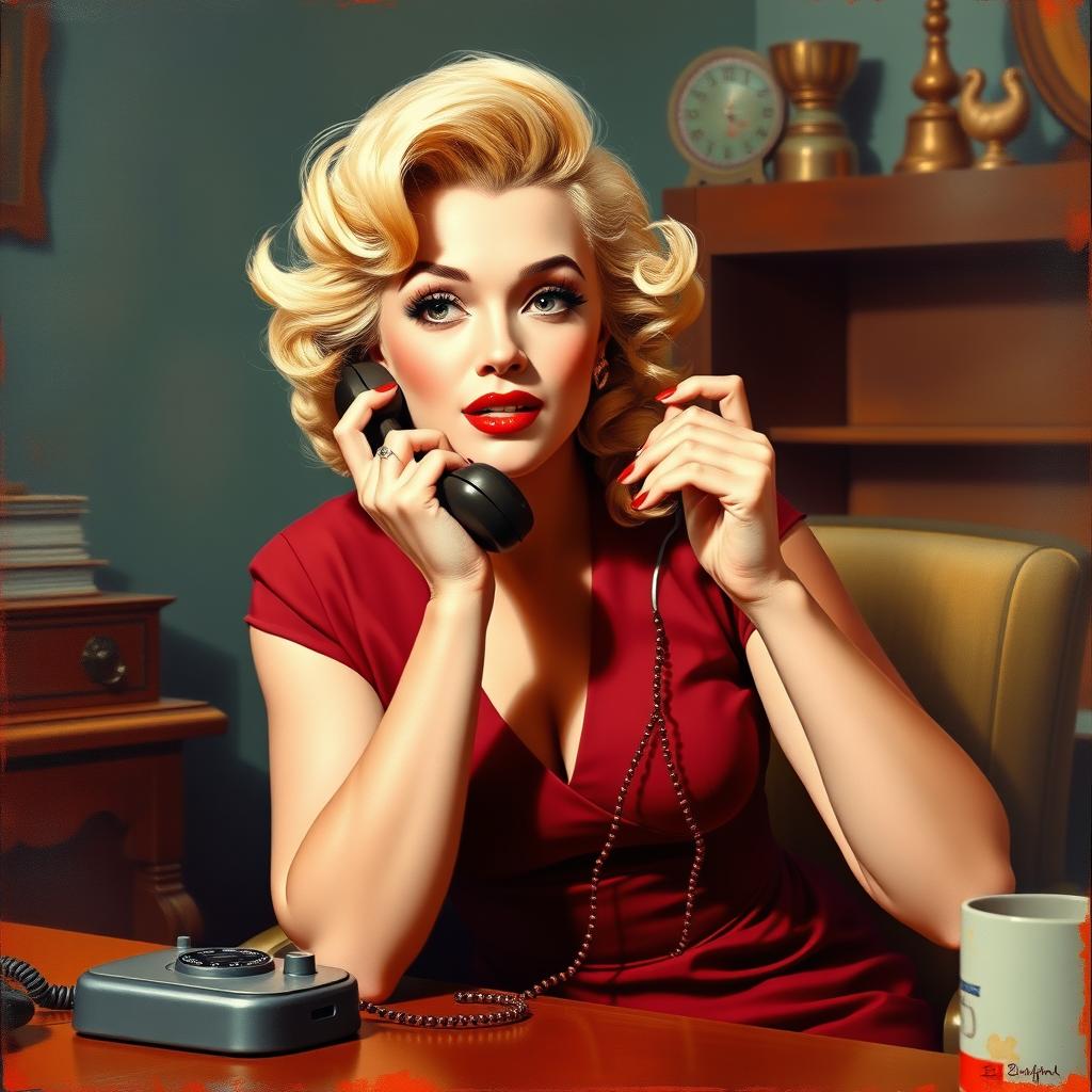 A beautiful pinup painting of Marilyn Monroe sitting at a classic 1960s desk, answering the phone with a cute surprised expression on her face