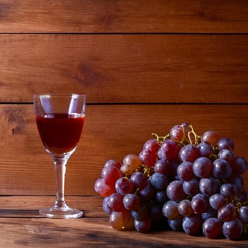 A clear glass filled with grape juice placed beside a beautiful design made from fresh purple grapes, all against a rustic wooden backdrop.