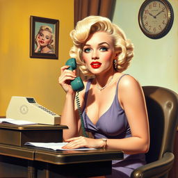 A beautiful pinup painting of Marilyn Monroe sitting at a classic 1960s desk, answering the phone with a cute surprised expression on her face