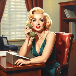 A beautiful pinup painting of Marilyn Monroe sitting at a classic 1960s desk, answering the phone with a cute surprised expression on her face