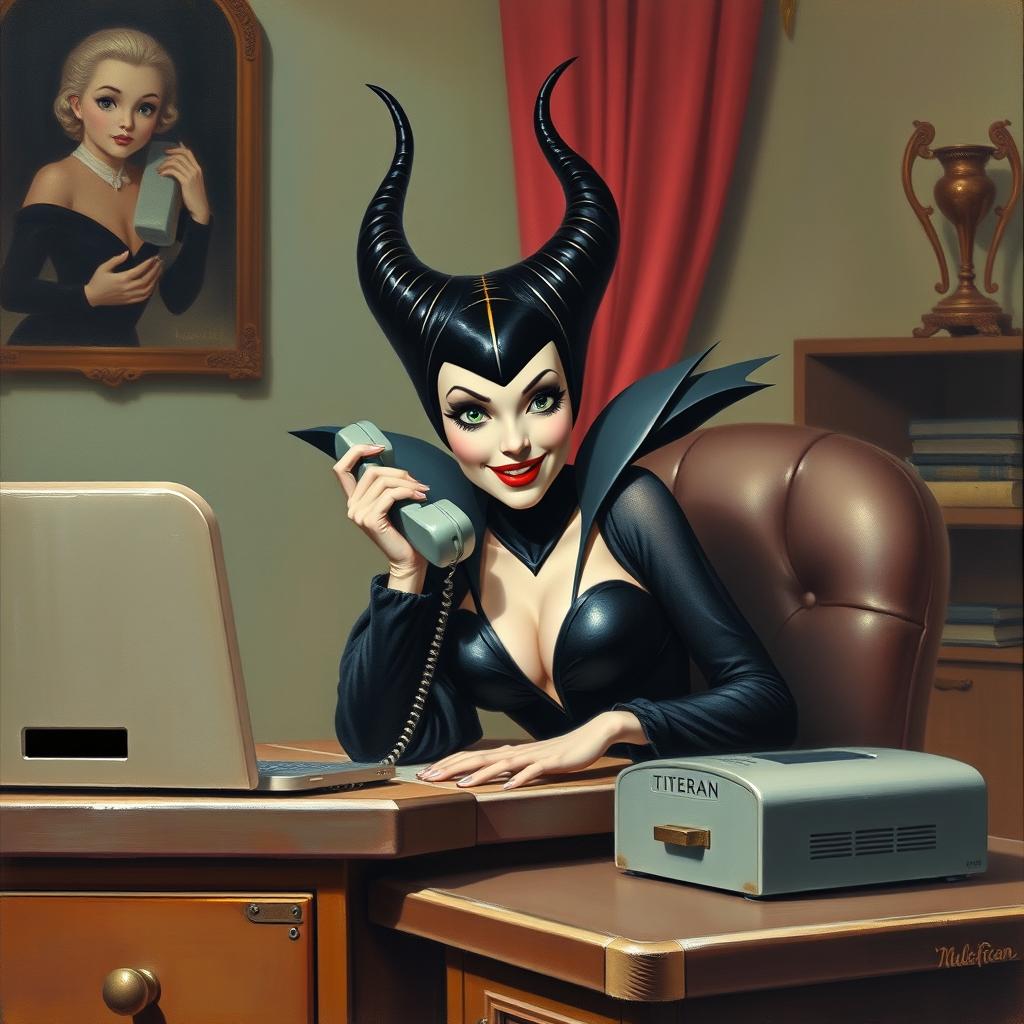 A beautiful pinup painting of Maleficent, the iconic Disney villain, sitting at a vintage 1960s desk, answering the phone with a cute surprised expression on her face