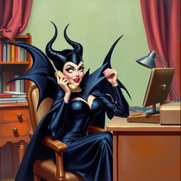 A beautiful pinup painting of Maleficent, the iconic Disney villain, sitting at a vintage 1960s desk, answering the phone with a cute surprised expression on her face