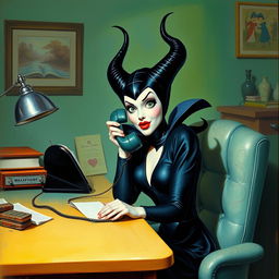 A beautiful pinup painting of Maleficent, the iconic Disney villain, sitting at a vintage 1960s desk, answering the phone with a cute surprised expression on her face