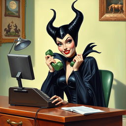 A beautiful pinup painting of Maleficent, the iconic Disney villain, sitting at a vintage 1960s desk, answering the phone with a cute surprised expression on her face