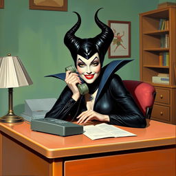 A beautiful pinup painting of Maleficent, the iconic Disney villain, sitting at a vintage 1960s desk, answering the phone with a playful mischievous expression on her face