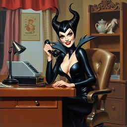 A beautiful pinup painting of Maleficent, the iconic Disney villain, sitting at a vintage 1960s desk, answering the phone with a playful mischievous expression on her face