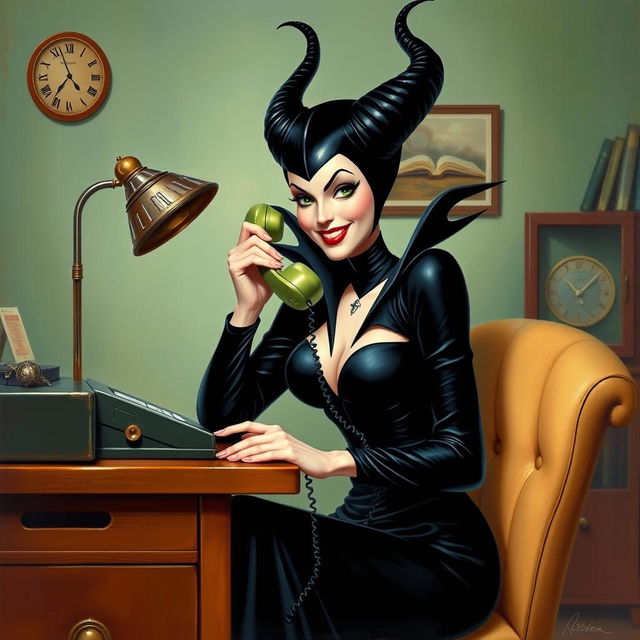 A beautiful pinup painting of Maleficent, the iconic Disney villain, sitting at a vintage 1960s desk, answering the phone with a playful mischievous expression on her face