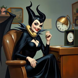 A beautiful pinup painting of Maleficent, the iconic Disney villain, sitting at a vintage 1960s desk, answering the phone with a playful mischievous expression on her face