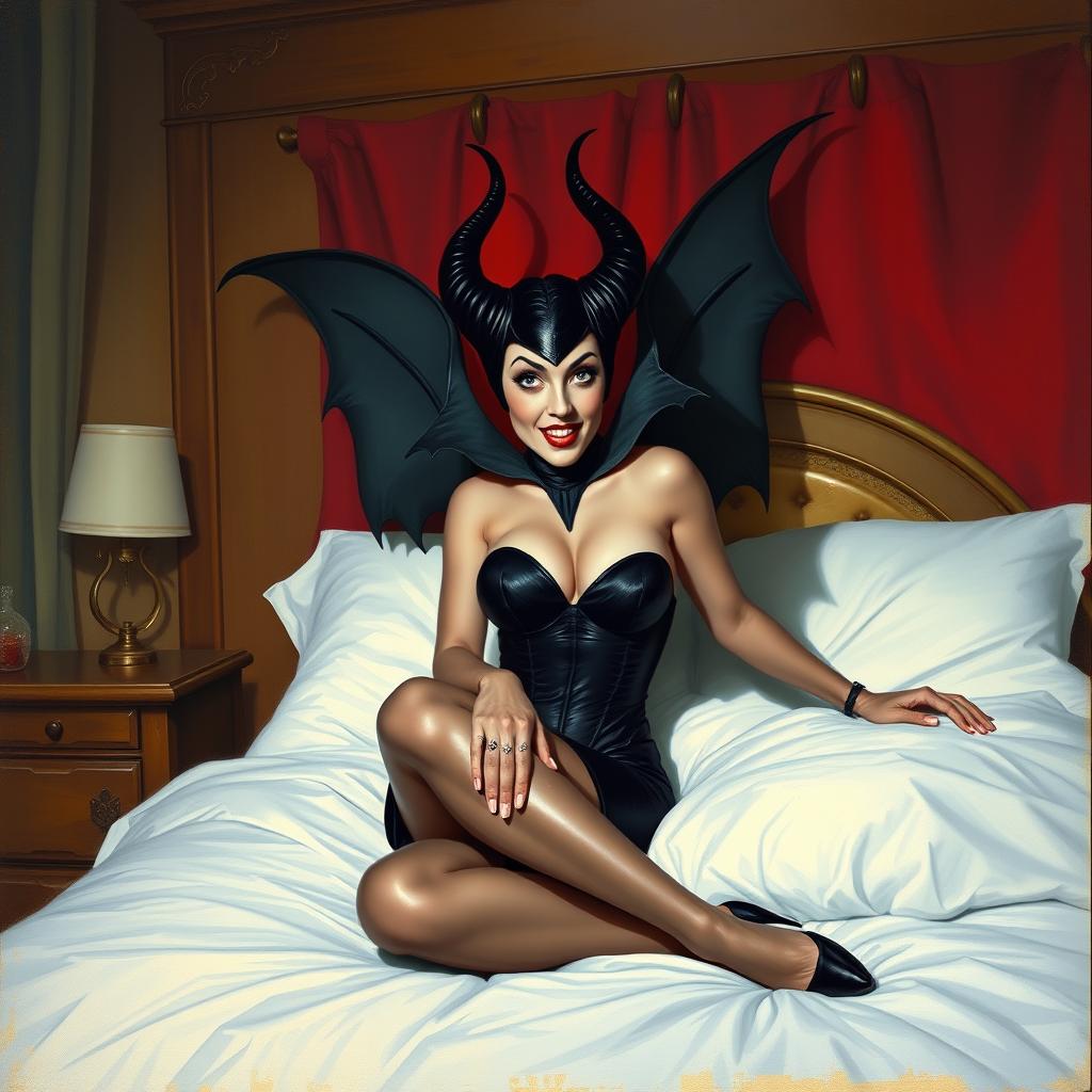 A beautiful pinup painting of Maleficent in her bedroom, sitting gracefully on her bed with a playful, mischievous expression on her face