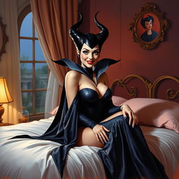 A beautiful pinup painting of Maleficent in her bedroom, sitting gracefully on her bed with a playful, mischievous expression on her face