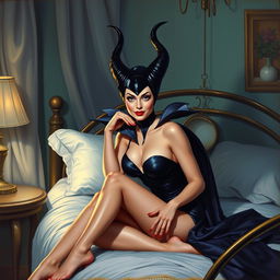 A beautiful pinup painting of Maleficent in her bedroom, sitting gracefully on her bed with a playful, mischievous expression on her face