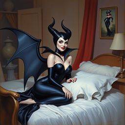 A beautiful pinup painting of Maleficent in her bedroom, sitting gracefully on her bed with a playful, mischievous expression on her face