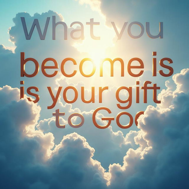 Cinematic motivational poster with the inspiring quote "What you become is your gift to God" entirely filling the image with enormous, bold letters