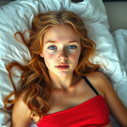 a 20-year-old girl with glowing skin, freckles, long wavy ginger hair, and blue eyes