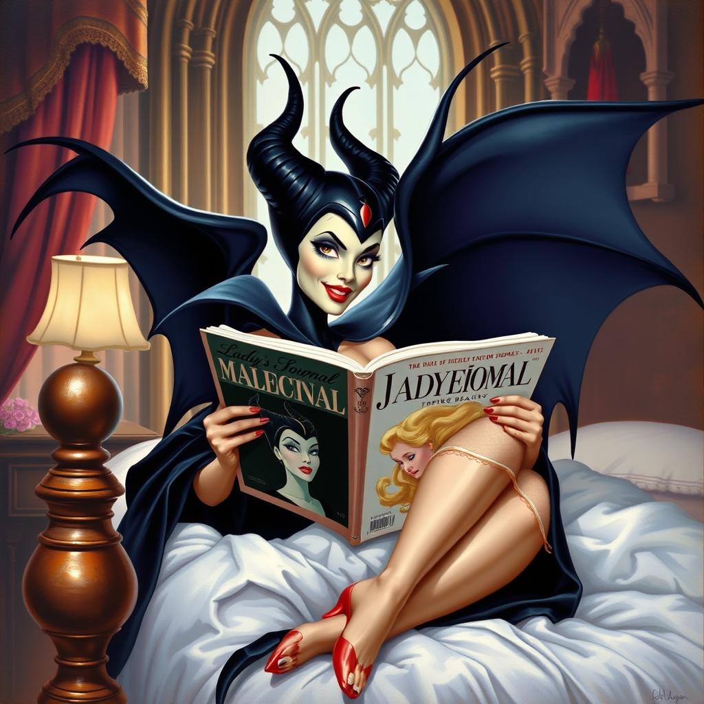 A beautiful pinup painting of Maleficent in her bedroom inside her majestic castle, sitting gracefully on her bed with her legs tucked under the blankets