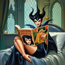 A beautiful pinup painting of Maleficent in her bedroom inside her majestic castle, sitting gracefully on her bed with her legs tucked under the blankets