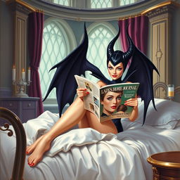 A beautiful pinup painting of Maleficent in her bedroom inside her majestic castle, sitting gracefully on her bed with her legs tucked under the blankets