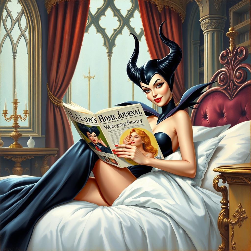 A beautiful pinup painting of Maleficent in her bedroom inside her majestic castle, sitting gracefully on her bed with her legs tucked under the blankets