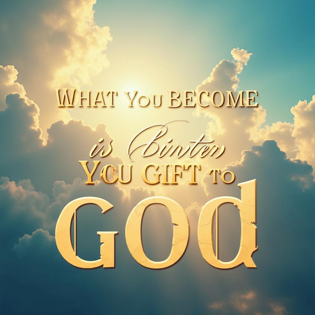 Cinematic motivational poster with the words "What you become is your gift to God" dominating the foreground in large, bold letters that are unobstructed by any background elements