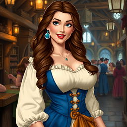 A voluptuous rendition of Belle from Disney, dressed as a buxom medieval wench with elements of her classic blue and white provincial dress