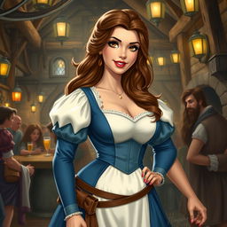 A voluptuous rendition of Belle from Disney, dressed as a buxom medieval wench with elements of her classic blue and white provincial dress