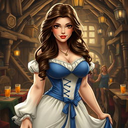 A voluptuous rendition of Belle from Disney, dressed as a buxom medieval wench with elements of her classic blue and white provincial dress