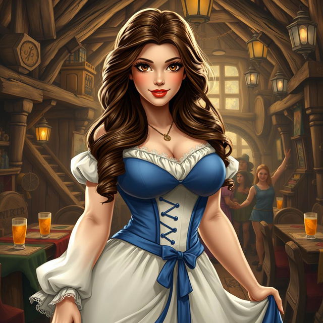 A voluptuous rendition of Belle from Disney, dressed as a buxom medieval wench with elements of her classic blue and white provincial dress