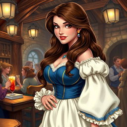 A voluptuous rendition of Belle from Disney, dressed as a buxom medieval wench with elements of her classic blue and white provincial dress