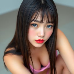 A stunning Korean woman with fair skin and mesmerizing blue eyes, featuring full, luscious lips