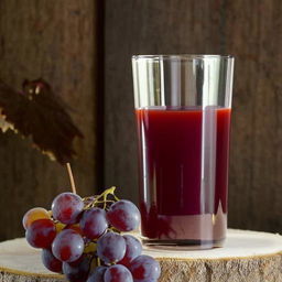 A clear glass filled with grape juice placed beside a beautiful design made from fresh purple grapes, all against a rustic wooden backdrop.